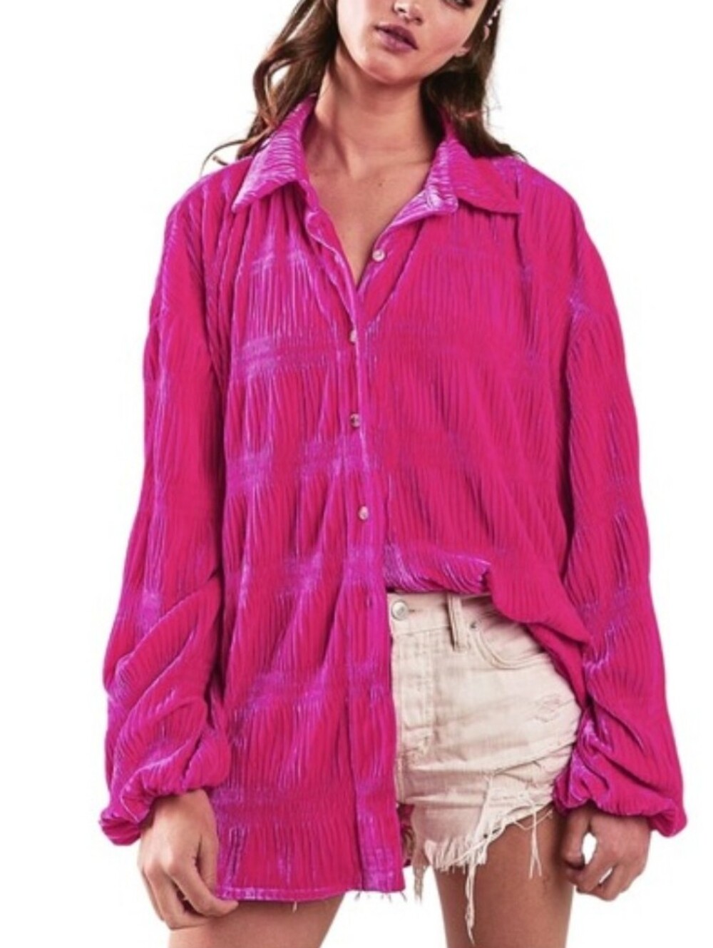 Bibi Velvet Hot Pink Fuschia Textured Smocked Button-Up Blouse Barbie Vibrant L